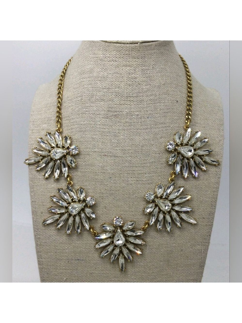 J. Crew Goldtone Clear Rhinestone Statement Necklace 15" EUC